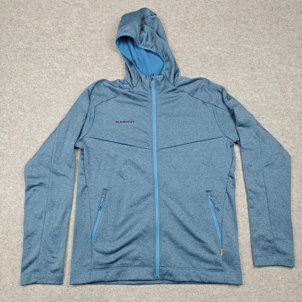 Mammut Jacket Mens Large Blue Hooded Fleece Full Zip Hiking Stretch Lightweight